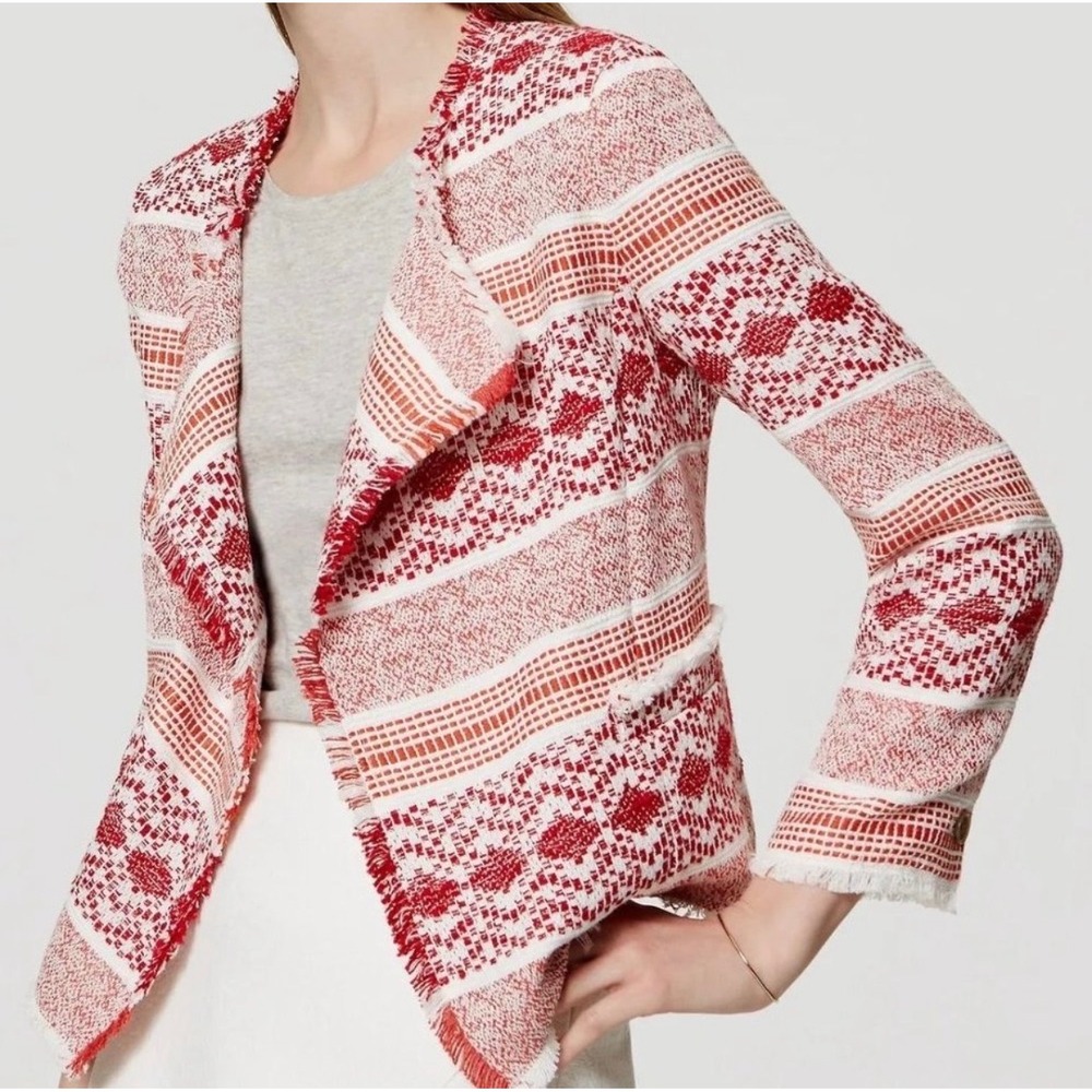LOFT Tweed Jacket Womens 6 Red Excellent Fringed Ikat Draped Open Front Blazer